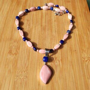 Jay King DTR 925 Sterling Silver Pink Opal Lapis Lazuli Pendant Beaded Necklace